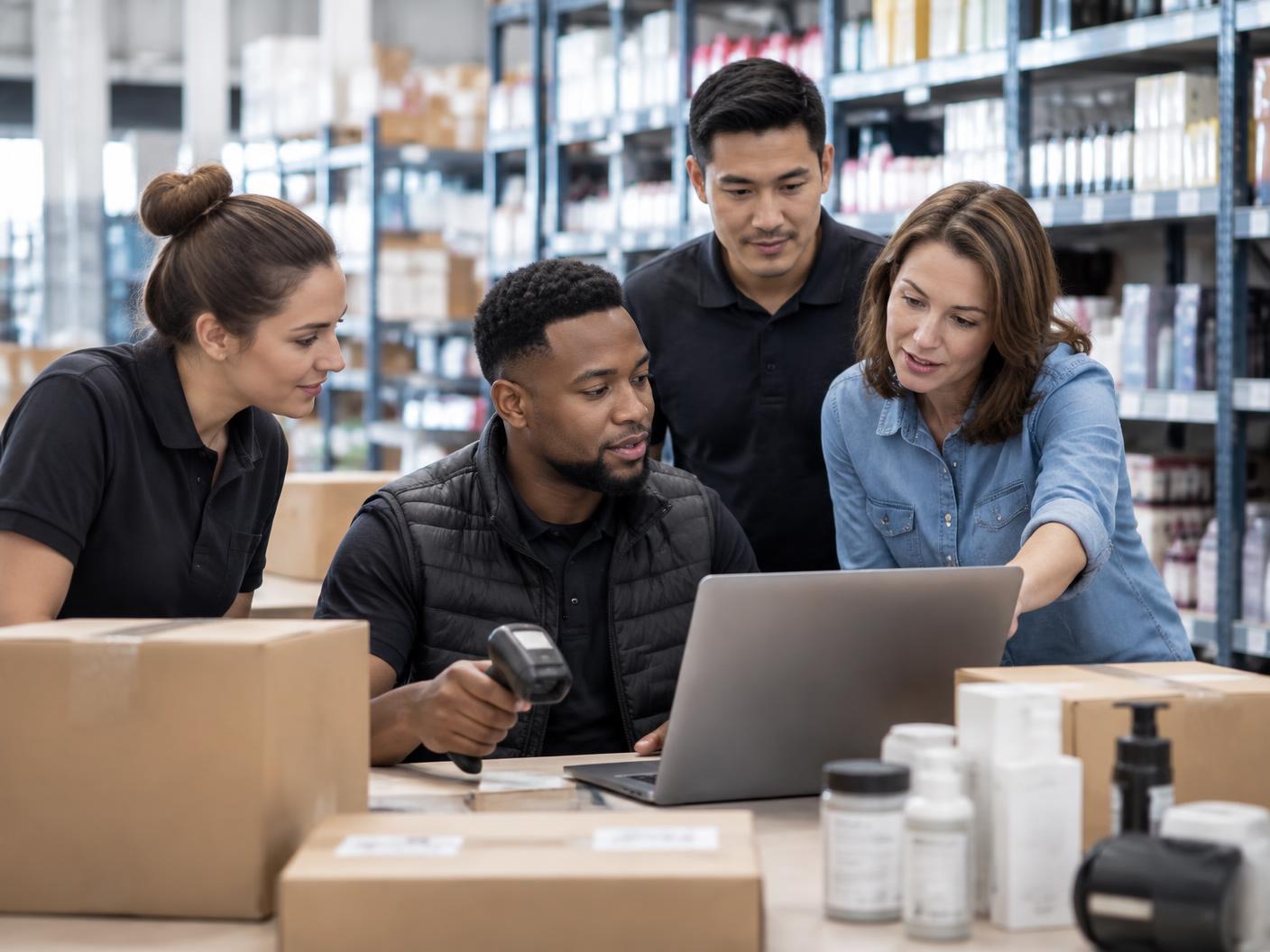 Distribution team reviewing inventory and online orders