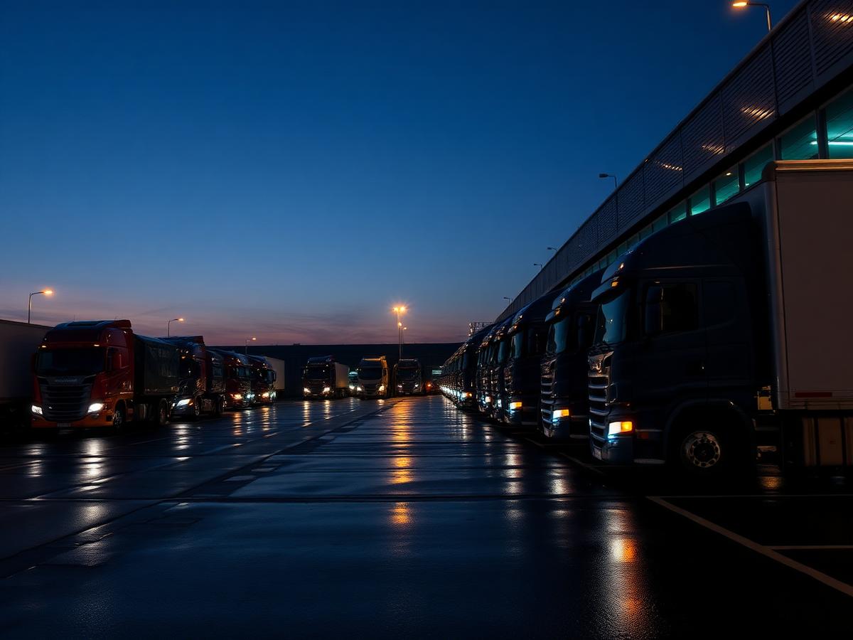 Trucks at loading docks at dusk