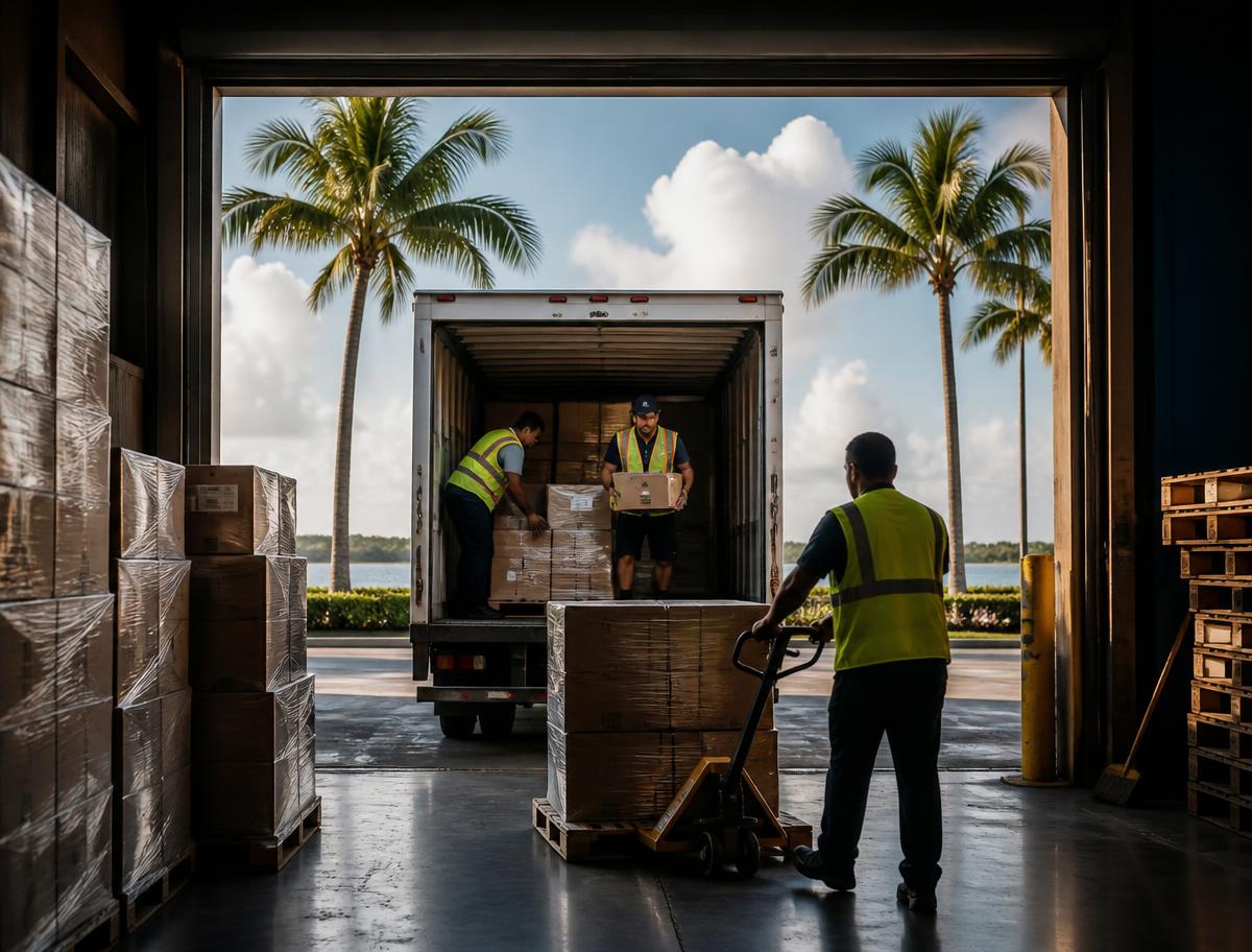 Sunrise crew loading a box truck at the Gulf Coast dock door