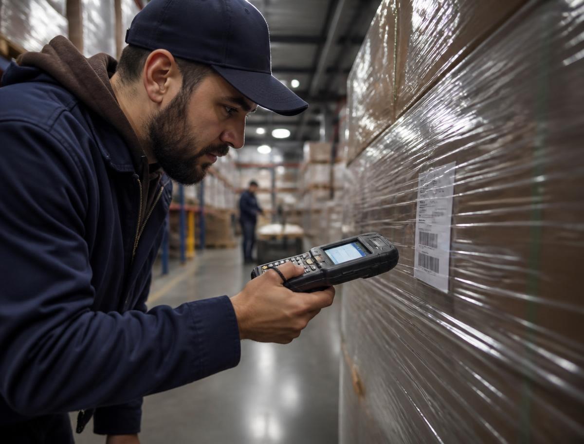 Barcode scan confirming a wrapped pallet before dispatch